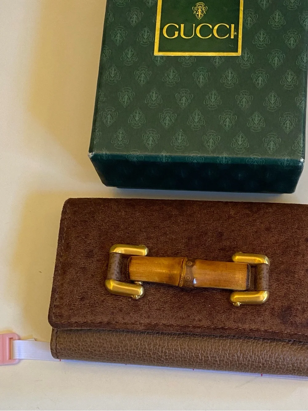Gucci Brown Pebbled Leather Key / Card Case with Gold-Tone / Bamboo Hardware